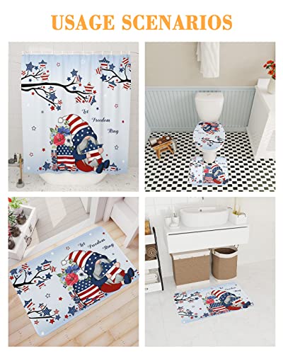 Fourth of July 4 Piece Shower Curtain Sets with Non-Slip Rugs, Toilet Lid Cover and Bath Mat, American Flag Stars Cute Gnomes Patriotic Theme Shower Curtain with 12 Hooks, Durable and Waterproof