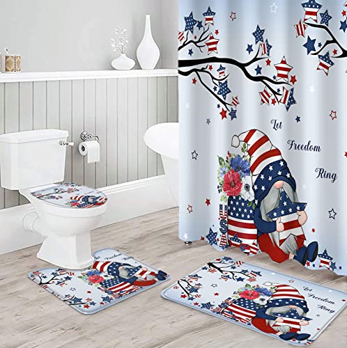 Fourth of July 4 Piece Shower Curtain Sets with Non-Slip Rugs, Toilet Lid Cover and Bath Mat, American Flag Stars Cute Gnomes Patriotic Theme Shower Curtain with 12 Hooks, Durable and Waterproof