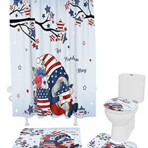Fourth of July 4 Piece Shower Curtain Sets with Non-Slip Rugs, Toilet Lid Cover and Bath Mat, American Flag Stars Cute Gnomes Patriotic Theme Shower Curtain with 12 Hooks, Durable and Waterproof