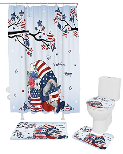 Fourth of July 4 Piece Shower Curtain Sets with Non-Slip Rugs, Toilet Lid Cover and Bath Mat, American Flag Stars Cute Gnomes Patriotic Theme Shower Curtain with 12 Hooks, Durable and Waterproof