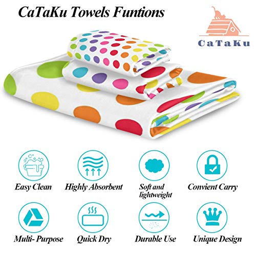 CaTaKu Towels Set 3-Piece, Rainbow Polka Dot Towel Bathroom Sets, 1 Bath Towel, 1 Washcloth, 1Hand Towel, Polka Dot Towel Set of 3 Soft Multifuntion for Home Kitchen Hotel Gym Swim Spa.