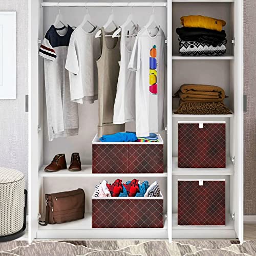 Fancy Burgundy Grid 11x11 Storage Cubes Fabric Storage Cubes Storage Bins with Handles Storage Boxes for Organizing Home, Office, Nursery, Shelf, Closet, Pack of 1