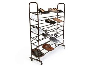 smart design 8-tier steel metal shoe rack tower with rolling wheels - holds 48 pairs of shoes - easy assembly and adjustable - entryway, closet, & garage - home organization - 44 x 50.75 inch - bronze