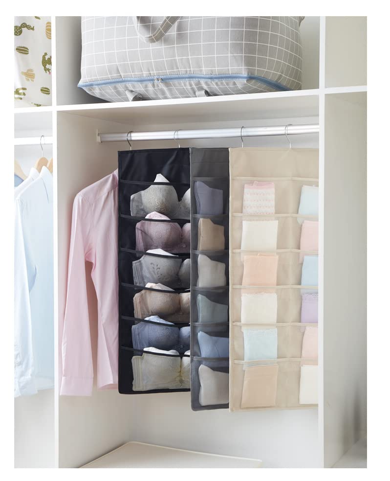 Hanging Bra Closet Organizer and Storage Pockets Wall Organizer 24 Pockets Enlarged Hanging Mesh Pockets Dual Sided Wall Closet Underwear,Bra,Socks,Accessories with Hanger (Beige)