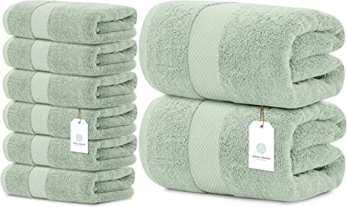 White Classic Luxury Hand Towels | 6 Pack Luxury Bath Sheet | 2 Pack Bundle (Green)