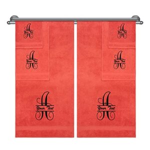 monogrammed towel set, hotel & spa quality, super soft, highly absorbent, bathroom sets, 100% cotton personalized 6 piece towel set, includes 2 bath towels, 2 hand towels, 2 washcloths, coral
