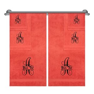 Monogrammed Towel Set, Hotel & Spa Quality, Super Soft, Highly Absorbent, Bathroom Sets, 100% Cotton Personalized 6 Piece Towel Set, Includes 2 Bath Towels, 2 Hand Towels, 2 Washcloths, Coral