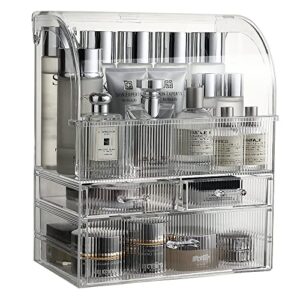 moochi clear stripes pattern professional large cosmetic makeup organizer dust water proof cosmetics storage display case with drawers