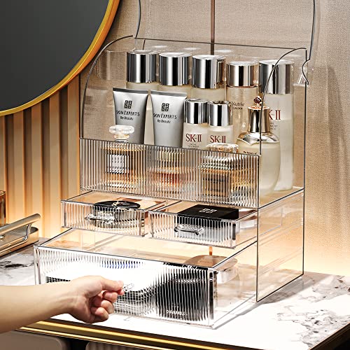 MOOCHI Clear Stripes Pattern Professional Large Cosmetic Makeup Organizer Dust Water Proof Cosmetics Storage Display Case with Drawers