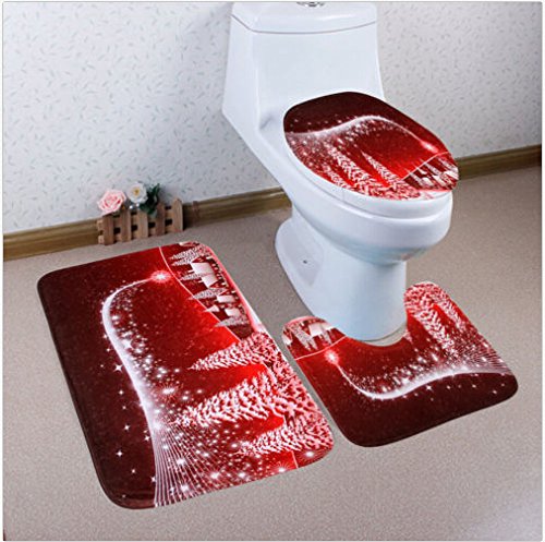 Merry Christmas Snowman Bath Mat Set,3 Piece Bathroom Mats Set Non-Slip Bathroom Rugs/Contour Mat/Toilet Cover (Christmas Tree)