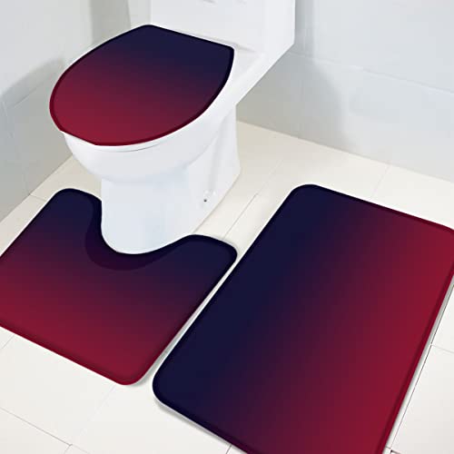 Ombre Wine Red Bathroom Rugs Mat Sets 3 Piece, Bath Shower Rugs with U-Shaped Contour Toilet Mat, Abstract Modern Color Art Large Absorbent Bathtub Runner Rugs Floor Mats