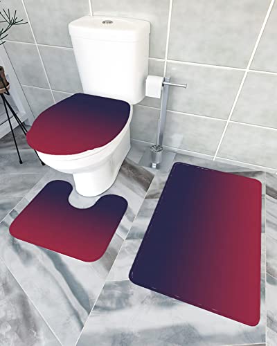 Ombre Wine Red Bathroom Rugs Mat Sets 3 Piece, Bath Shower Rugs with U-Shaped Contour Toilet Mat, Abstract Modern Color Art Large Absorbent Bathtub Runner Rugs Floor Mats