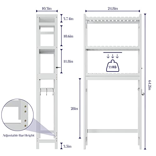 linstock Over The Toilet Storage, 3 Shelf Bathroom Space Saver, Bamboo Stable Freestanding Above Toilet Stand with 3 Hooks for Bathroom, Restroom, Laundry, White