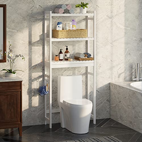 linstock Over The Toilet Storage, 3 Shelf Bathroom Space Saver, Bamboo Stable Freestanding Above Toilet Stand with 3 Hooks for Bathroom, Restroom, Laundry, White