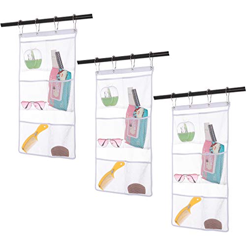 Bsagve 3 Pack Hanging Mesh Shower Caddy Organizer with 6 Pockets, Shower Curtain Rod/Liner Hook Fabric Storage Bag Bathroom Door Hanger, Dorm RV Space Saving, Kids Bath Toy Organizers with 4 Rings