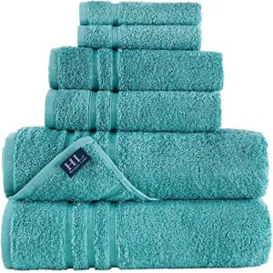 hammam linen 6-piece teal turquoise bath towels set for bathroom original turkish cotton soft, absorbent and premium 2 bath towels, 2 hand towels, 2 washcloths