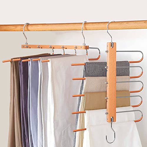 Wooden Pant Hanger - 5 Layers Space Saver - Trouser Hanger, Space-Saving 5-in-1 Trouser Hanger, Stainless Steel Extendible, Multi Hanger, Magic Hanger, Wardrobe Clothes Hanger Holder