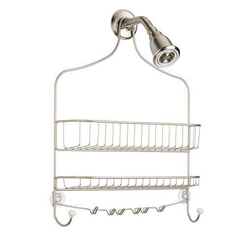 mDesign Metal Wire Tub & Shower Caddy, Hanging Storage Organizer Center with Built-In Hooks and Baskets on 2 Levels for Shampoo, Body Wash, Loofahs - Satin