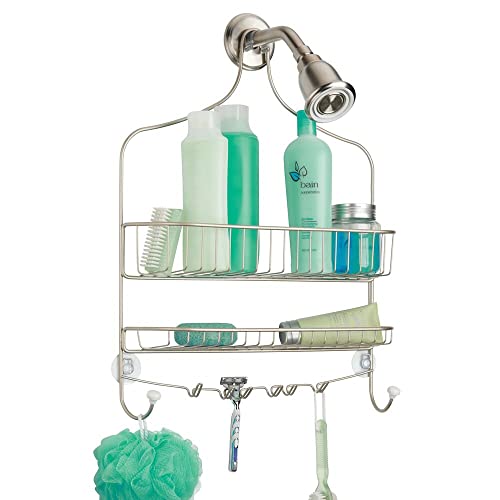 mDesign Metal Wire Tub & Shower Caddy, Hanging Storage Organizer Center with Built-In Hooks and Baskets on 2 Levels for Shampoo, Body Wash, Loofahs - Satin