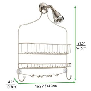 mDesign Metal Wire Tub & Shower Caddy, Hanging Storage Organizer Center with Built-In Hooks and Baskets on 2 Levels for Shampoo, Body Wash, Loofahs - Satin