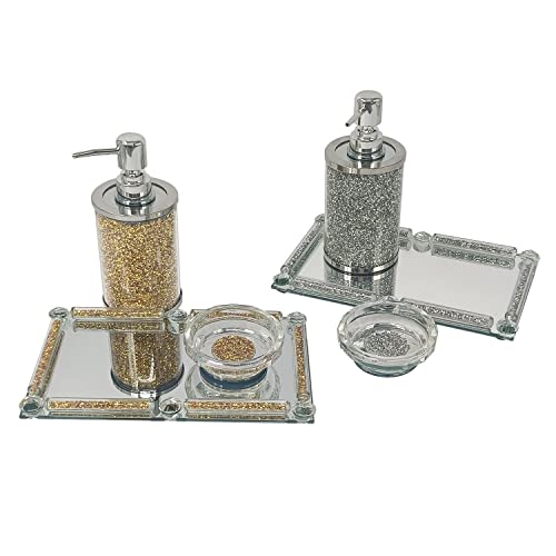 Set of 3 Crushed Diamonds Crystal Bathroom Accessories Sets, Hand Soap Dispenser Lotion Dispenser, Soap Dish and Mirrored Tray Set, Vanity Countertop Organization Sets, Bathroom Accessories Decor