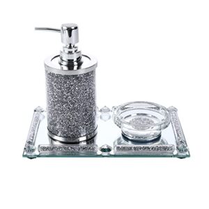 set of 3 crushed diamonds crystal bathroom accessories sets, hand soap dispenser lotion dispenser, soap dish and mirrored tray set, vanity countertop organization sets, bathroom accessories decor