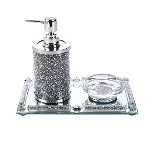 Set of 3 Crushed Diamonds Crystal Bathroom Accessories Sets, Hand Soap Dispenser Lotion Dispenser, Soap Dish and Mirrored Tray Set, Vanity Countertop Organization Sets, Bathroom Accessories Decor