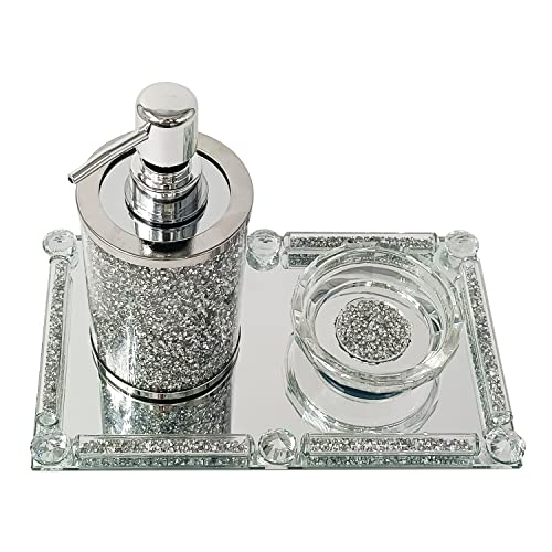 Set of 3 Crushed Diamonds Crystal Bathroom Accessories Sets, Hand Soap Dispenser Lotion Dispenser, Soap Dish and Mirrored Tray Set, Vanity Countertop Organization Sets, Bathroom Accessories Decor