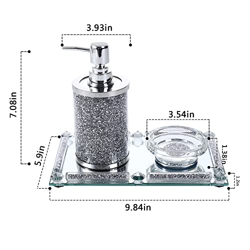 Set of 3 Crushed Diamonds Crystal Bathroom Accessories Sets, Hand Soap Dispenser Lotion Dispenser, Soap Dish and Mirrored Tray Set, Vanity Countertop Organization Sets, Bathroom Accessories Decor