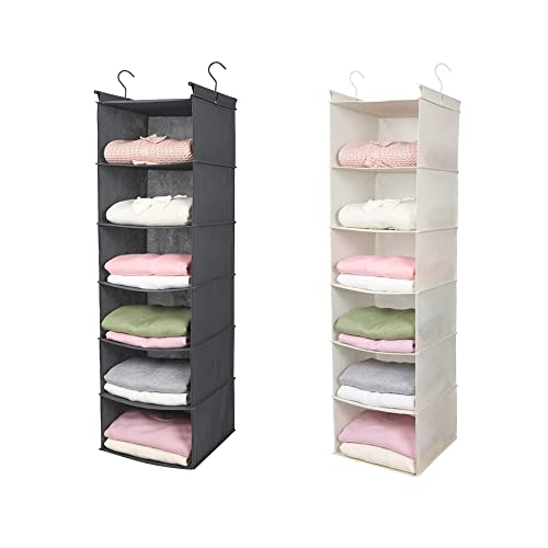 MAX Houser 6 Tier Shelf Hanging Closet Organizer, Closet Hanging Shelf with 2 Sturdy Hooks for Storage, Foldable,Black and Beige