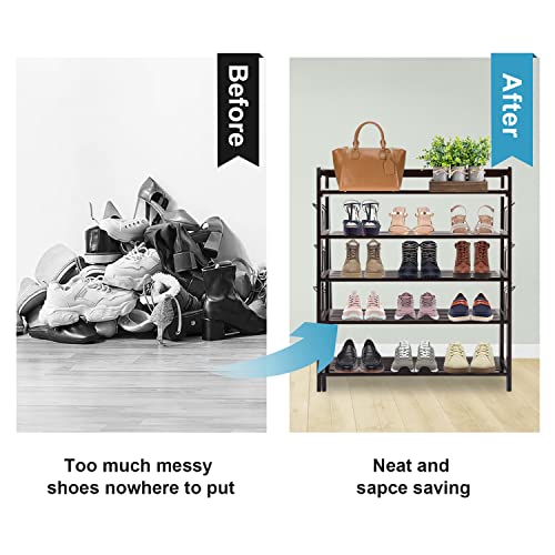 kinbor 5 Tier Shoe Rack Storage Organizer - Bamboo Shoe Shelf with 12 Hanging Bars and Removable Top Shelf for Living Room, Hallway, Entryway, Balcony, Dark Brown