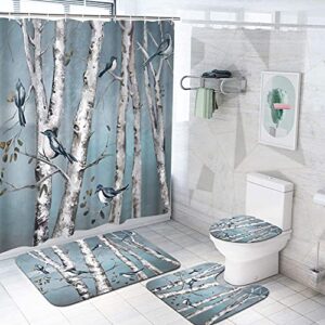 duobaorom 4 pieces set birch tree shower curtain set abstract blue white forest birds picture on non-slip rugs toilet lid cover bath mat and bathroom curtain with 12 hooks 72x72inch