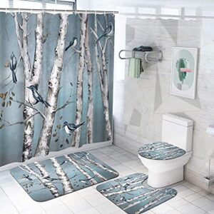 DuoBaorom 4 Pieces Set Birch Tree Shower Curtain Set Abstract Blue White Forest Birds Picture on Non-Slip Rugs Toilet Lid Cover Bath Mat and Bathroom Curtain with 12 Hooks 72x72inch