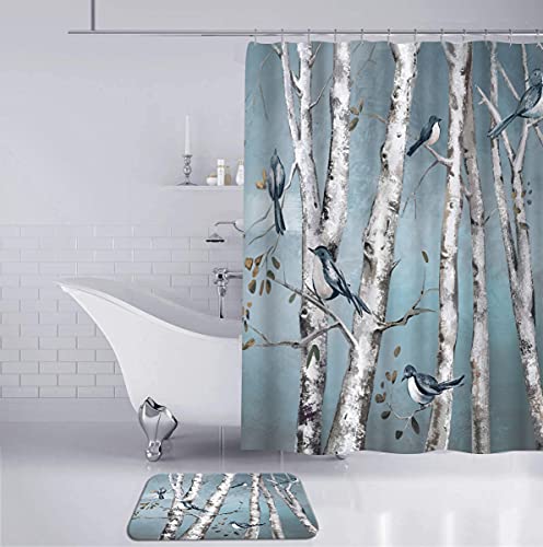 DuoBaorom 4 Pieces Set Birch Tree Shower Curtain Set Abstract Blue White Forest Birds Picture on Non-Slip Rugs Toilet Lid Cover Bath Mat and Bathroom Curtain with 12 Hooks 72x72inch