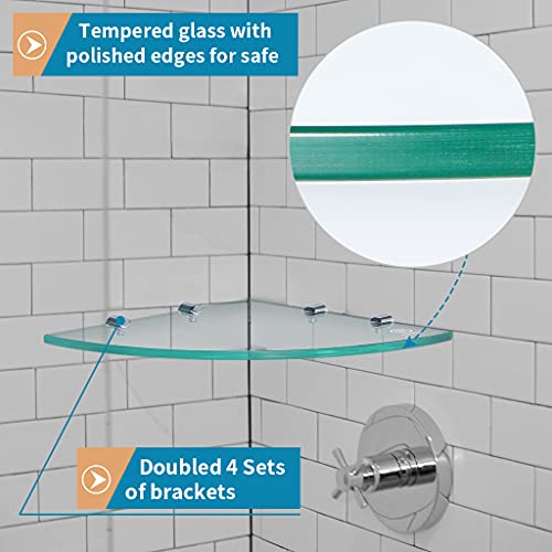 Sanbege 2 Pcs Tempered Glass Corner Shelf with 8 Brackets, 12" x 12" Floating Shower Caddy, Wall Mounted Shampoo Holder Organizer for Bathroom, Kitchen, Living Room