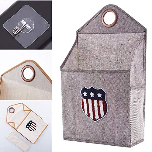 Household Wall-Hanging Storage Bags with Hook Pockets Cotton Linen Storage Basket Family Organizer Box Containers (Dark Gray)