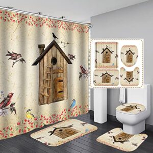 jayden&madge 4pcs farmhouse shower curtain set, country vintage bird house primitive berries red floral crow rustic kids bathroom decor, brown fabric shower curtain, non-slip bath mat, colorful birds