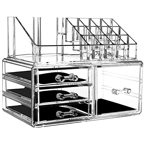 Cq acrylic Makeup Organizer Skin Care Large Clear Cosmetic Display Cases Stackable Storage Box With 5 Drawers For Vanity,Set of 2