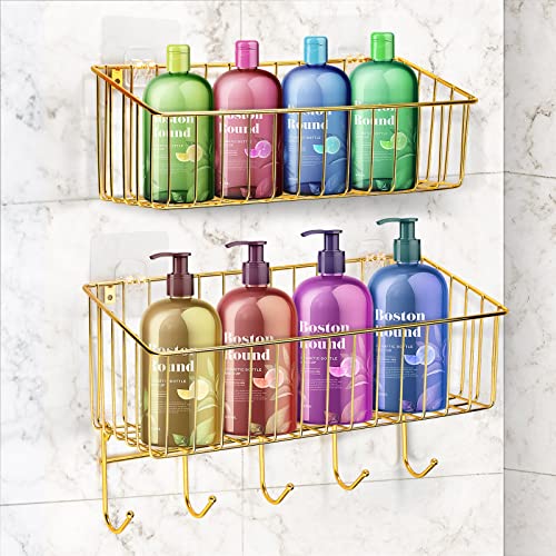 Paddsun 2 Pack Adhesive Shower Caddy Basket Shelf, Stainless Steel Gold Bathroom Tub Organizer with 5 Hooks, No Drilling Wall Mounted Organizer Shelves for Bathroom Kitchen Toilet Bedroom