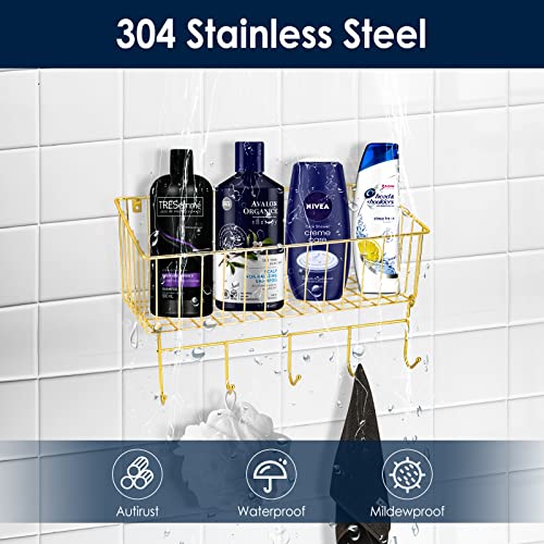 Paddsun 2 Pack Adhesive Shower Caddy Basket Shelf, Stainless Steel Gold Bathroom Tub Organizer with 5 Hooks, No Drilling Wall Mounted Organizer Shelves for Bathroom Kitchen Toilet Bedroom