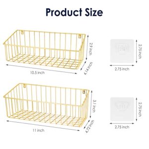 Paddsun 2 Pack Adhesive Shower Caddy Basket Shelf, Stainless Steel Gold Bathroom Tub Organizer with 5 Hooks, No Drilling Wall Mounted Organizer Shelves for Bathroom Kitchen Toilet Bedroom