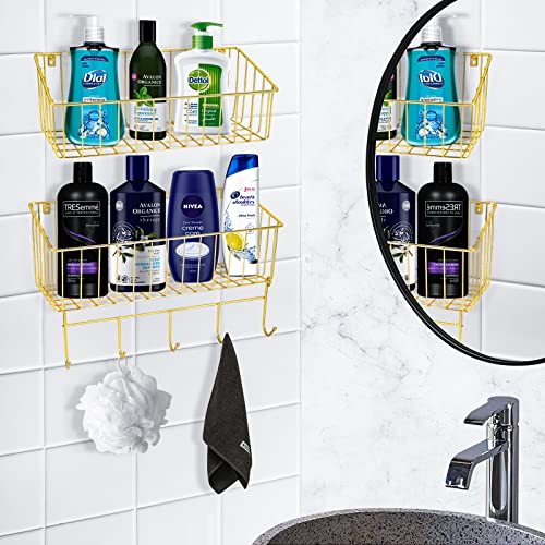 Paddsun 2 Pack Adhesive Shower Caddy Basket Shelf, Stainless Steel Gold Bathroom Tub Organizer with 5 Hooks, No Drilling Wall Mounted Organizer Shelves for Bathroom Kitchen Toilet Bedroom