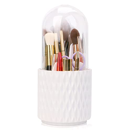 Yoseng Makeup Brush Holder Organizer with Lid,9 * 4.5" Makeup Brush Case,360 Rotating Modern Ins Style large Dustproof Makeup Brushes Organizer cups for Vanity (Water ripple- white)