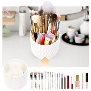 Yoseng Makeup Brush Holder Organizer with Lid,9 * 4.5" Makeup Brush Case,360 Rotating Modern Ins Style large Dustproof Makeup Brushes Organizer cups for Vanity (Water ripple- white)