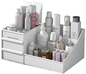 xiou makeup desk organizer with drawers - countertop organizer for cosmetics, vanity holder for lipstick, brushes, lotions, eyeshadow, nail polish and jewelry (white)