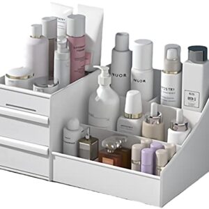 XIOU Makeup Desk Organizer with Drawers - Countertop Organizer for Cosmetics, Vanity Holder for Lipstick, Brushes, Lotions, Eyeshadow, Nail Polish and Jewelry (White)