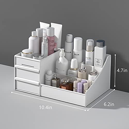 XIOU Makeup Desk Organizer with Drawers - Countertop Organizer for Cosmetics, Vanity Holder for Lipstick, Brushes, Lotions, Eyeshadow, Nail Polish and Jewelry (White)