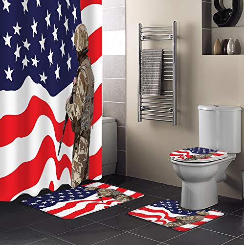 Shower Curtain Sets Bathroom Decor American National Flag Soldier in Military Uniform 4 Pieces Shower Curtain Sets with Non-Slip Rug, Bath Mat, Toilet Lid and 12 Hooks