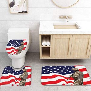 Shower Curtain Sets Bathroom Decor American National Flag Soldier in Military Uniform 4 Pieces Shower Curtain Sets with Non-Slip Rug, Bath Mat, Toilet Lid and 12 Hooks