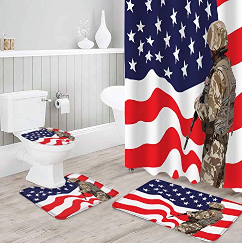 Shower Curtain Sets Bathroom Decor American National Flag Soldier in Military Uniform 4 Pieces Shower Curtain Sets with Non-Slip Rug, Bath Mat, Toilet Lid and 12 Hooks